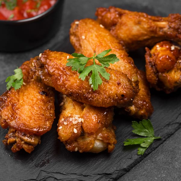Crispy, glazed Asian chicken wings with sesame seeds and parsley, served with a red dipping sauce.
