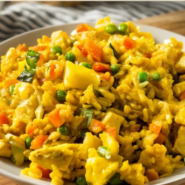 Close-up of a plate of Chinese pineapple fried rice with peas, carrots, and chicken.