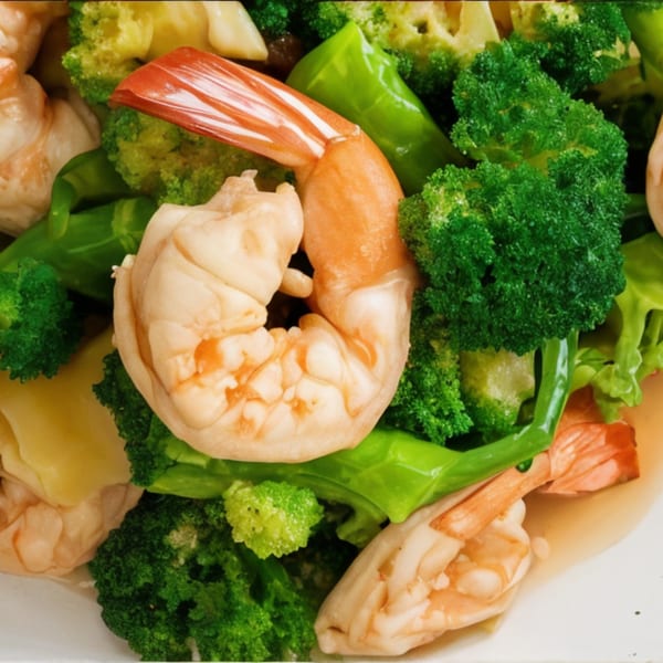 Shrimp and broccoli stir-fry, a Chinese dish from The Dragon Asian Kitchen.